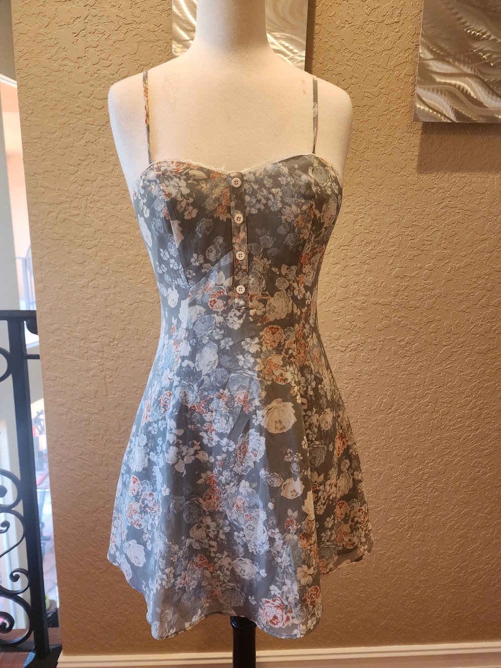 BCBG Gray Floral Spaghetti-Strap Mini Dress with Peach Blooms